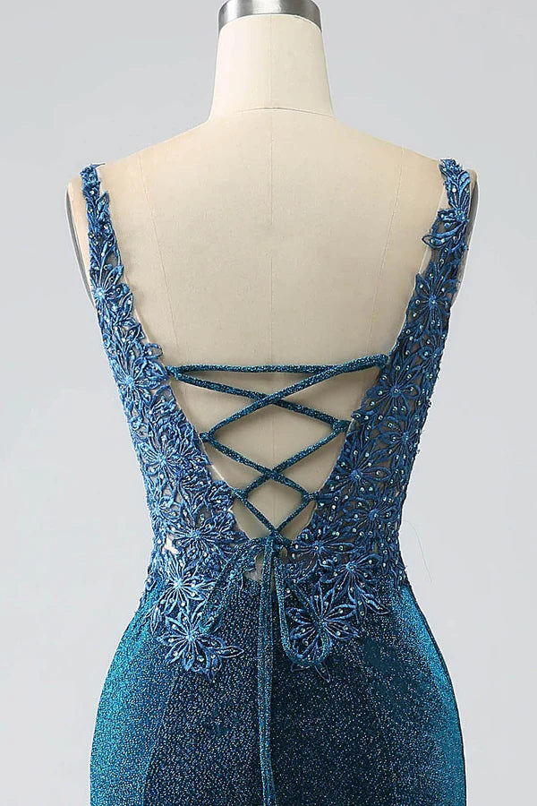 Glitter Dark Blue Mermaid Prom Dress with Beading simple gentle atmospheric and unique desi