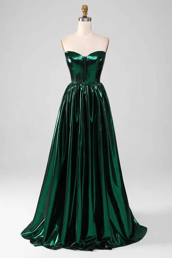Glitter Dark Green Corset Metallic Long Prom Dress simple gentle atmospheric and unique desig