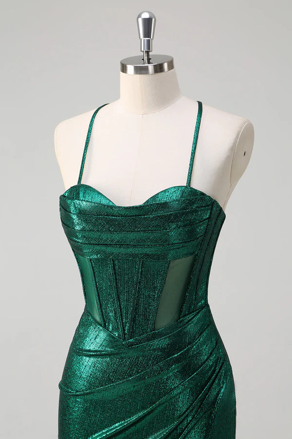 Glitter Dark Green Mermaid Corset Ruched Metallic Prom Dress with Slit simple gentle atmospheric and unique desi