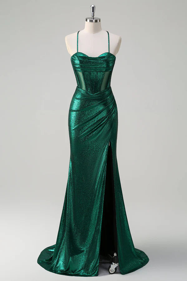 Glitter Dark Green Mermaid Corset Ruched Metallic Prom Dress with Slit simple gentle atmospheric and unique desi