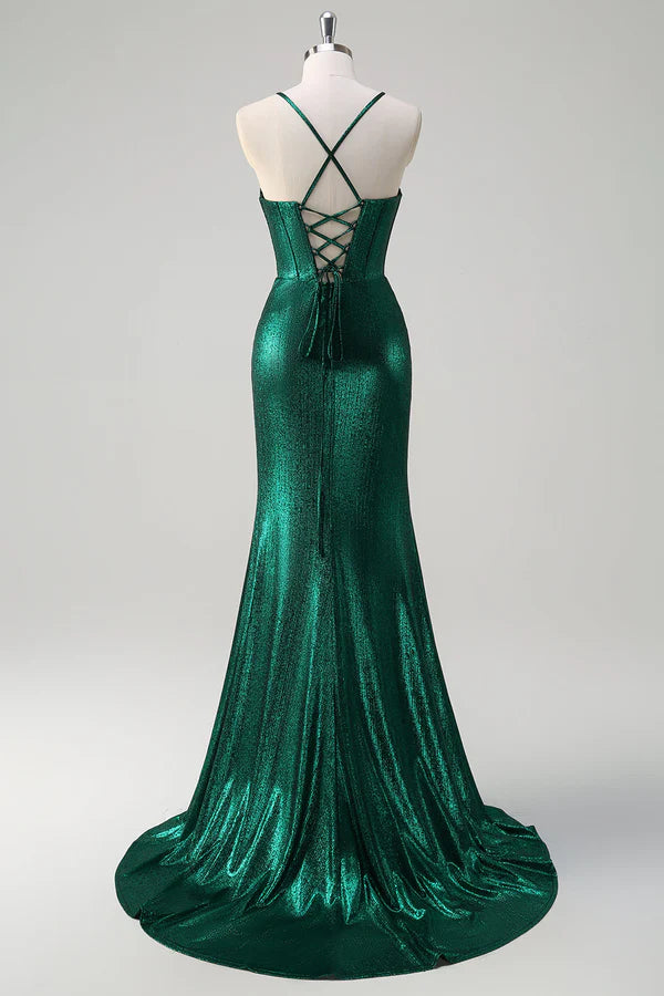 Glitter Dark Green Mermaid Corset Ruched Metallic Prom Dress with Slit simple gentle atmospheric and unique desi