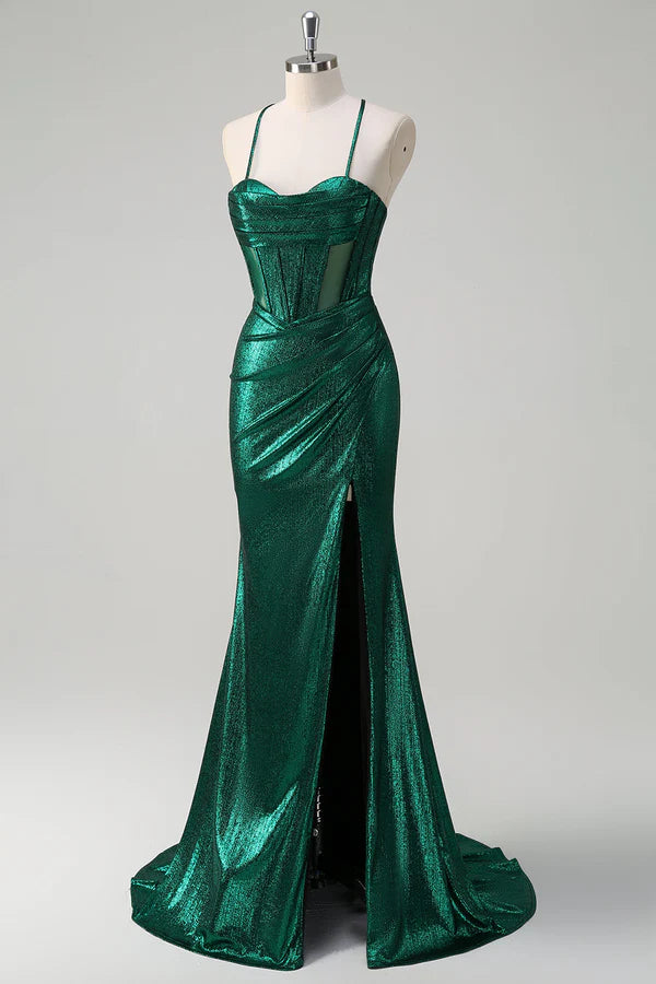 Glitter Dark Green Mermaid Corset Ruched Metallic Prom Dress with Slit simple gentle atmospheric and unique desi