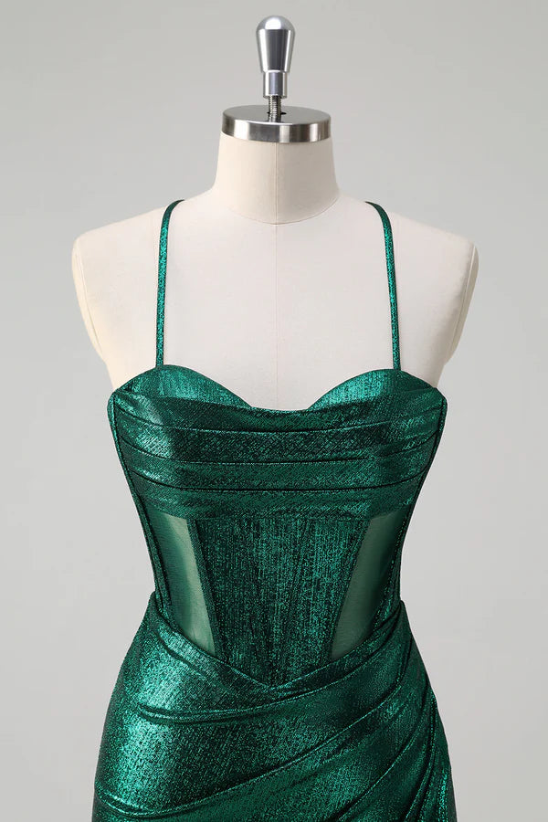 Glitter Dark Green Mermaid Corset Ruched Metallic Prom Dress with Slit simple gentle atmospheric and unique desi