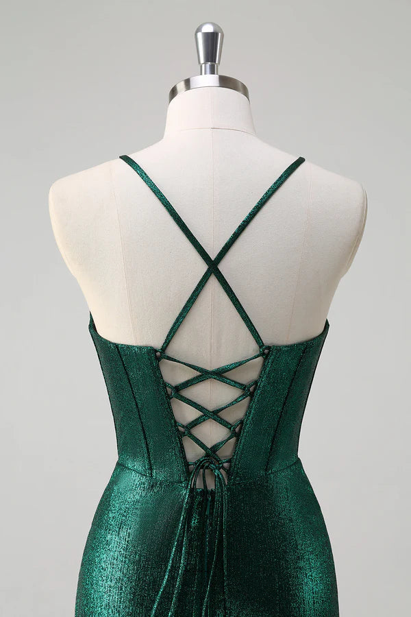 Glitter Dark Green Mermaid Corset Ruched Metallic Prom Dress with Slit simple gentle atmospheric and unique desi