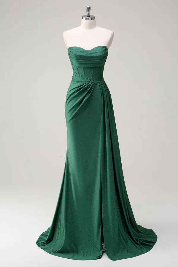 Glitter Dark Green Strapless Mermaid Long Prom Dress with Slit simple gentle atmospheric and unique desi