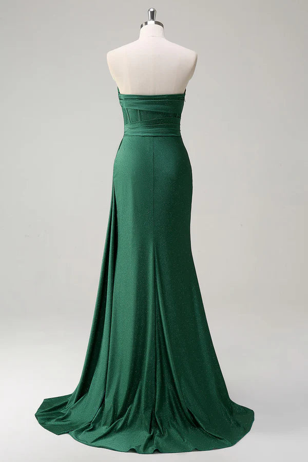 Glitter Dark Green Strapless Mermaid Long Prom Dress with Slit simple gentle atmospheric and unique desi