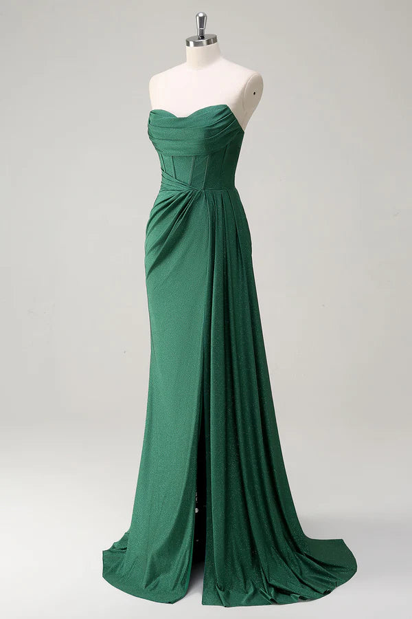 Glitter Dark Green Strapless Mermaid Long Prom Dress with Slit simple gentle atmospheric and unique desi