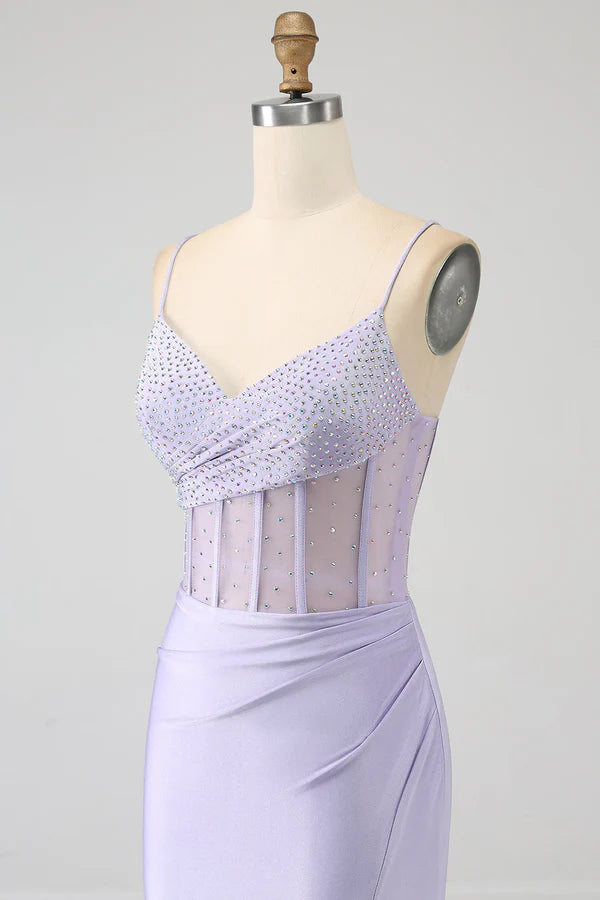 Glitter Lilac Corset Mermaid Long Prom Dress with Slit simple gentle atmospheric and unique desi