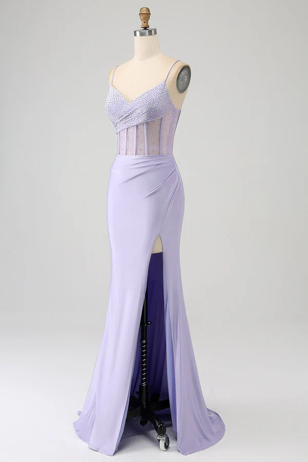 Glitter Lilac Corset Mermaid Long Prom Dress with Slit simple gentle atmospheric and unique desi
