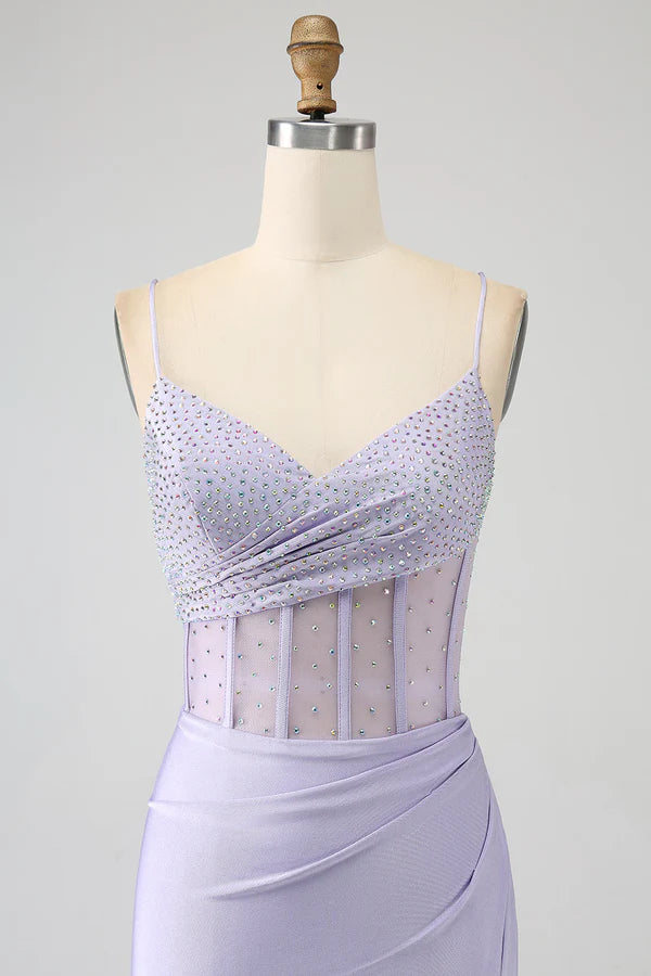 Glitter Lilac Corset Mermaid Long Prom Dress with Slit simple gentle atmospheric and unique desi