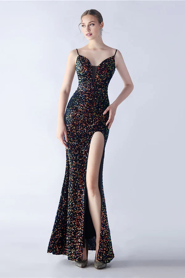 Glitter Mermaid Spaghetti Straps Beaded Symphony Black Formal Dress With Side Slit Simple gentle atmospheric and unique desig