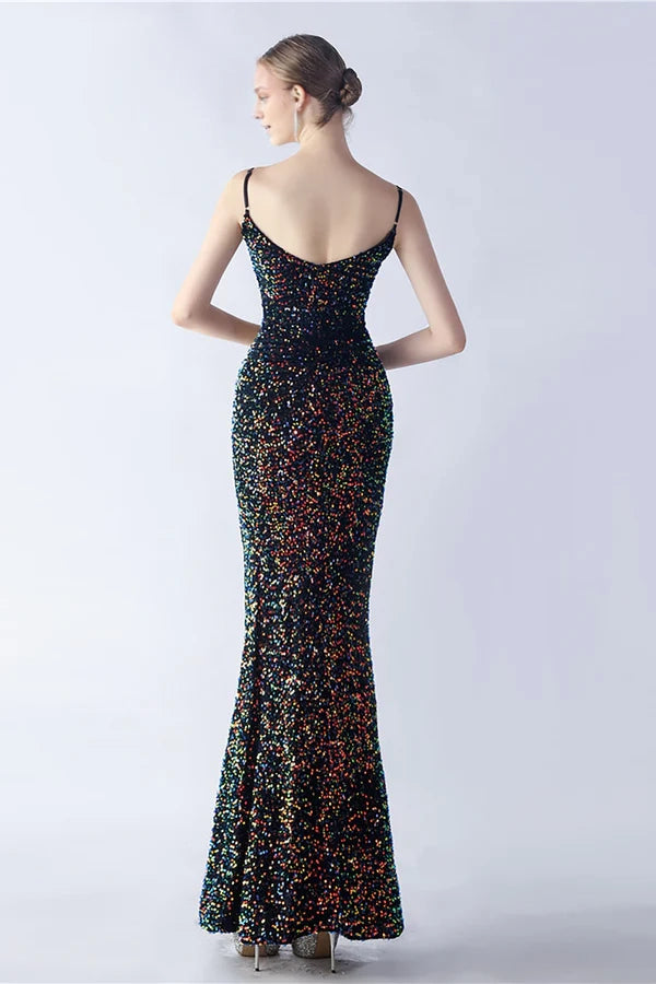 Glitter Mermaid Spaghetti Straps Beaded Symphony Black Formal Dress With Side Slit Simple gentle atmospheric and unique desig