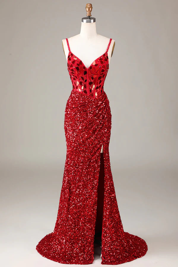 Glitter Mirror Sequins Red Corset Prom Dress with Slit Simple gentle atmospheric and unique desig