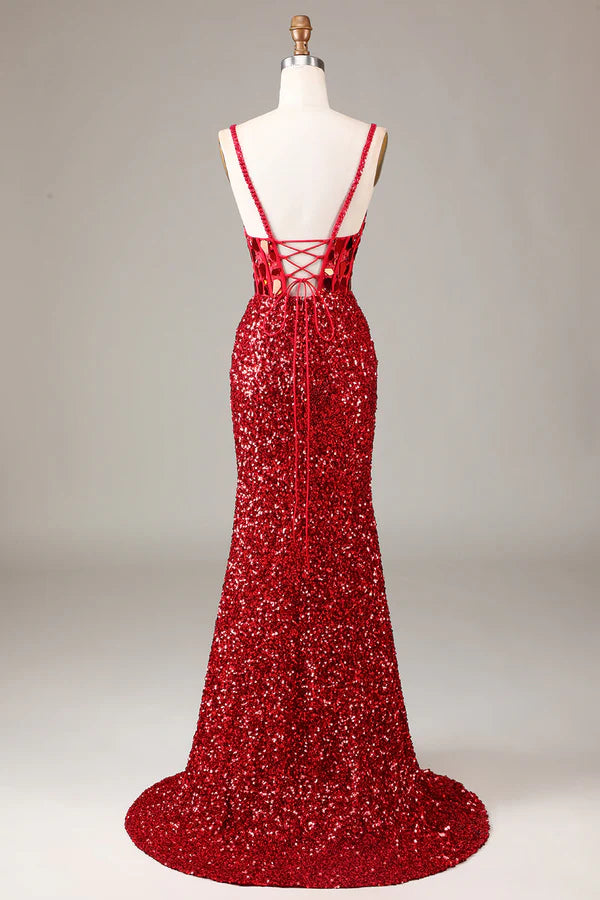 Glitter Mirror Sequins Red Corset Prom Dress with Slit Simple gentle atmospheric and unique desig