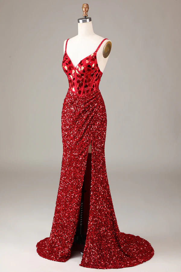 Glitter Mirror Sequins Red Corset Prom Dress with Slit Simple gentle atmospheric and unique desig