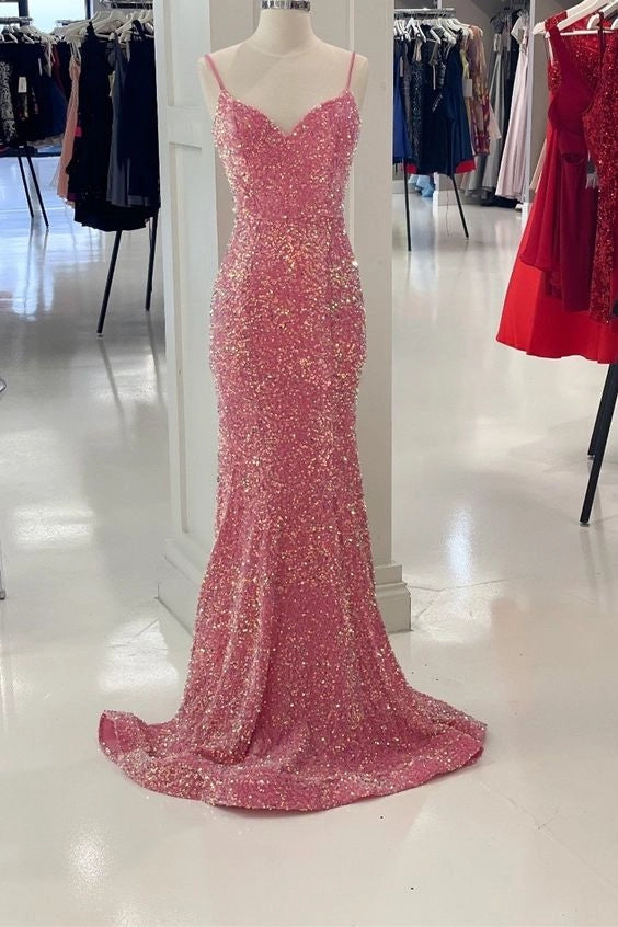 Glitter Pink Sequin Mermaid Long Formal Dress simple gentle atmospheric and unique desi Bring summer colors to enhance whiteness