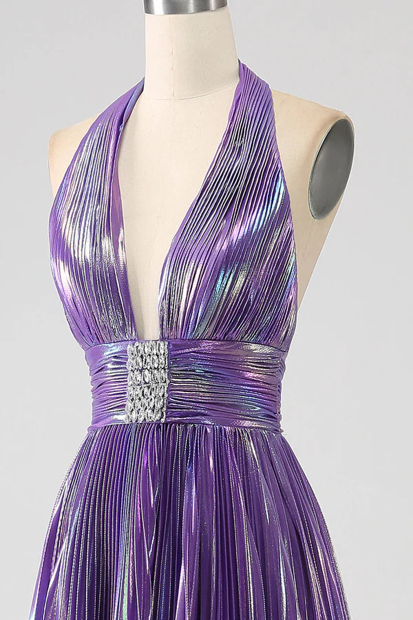 Glitter Purple Pleated Metallic Long Prom Dress with Slit simple gentle atmospheric and unique desi