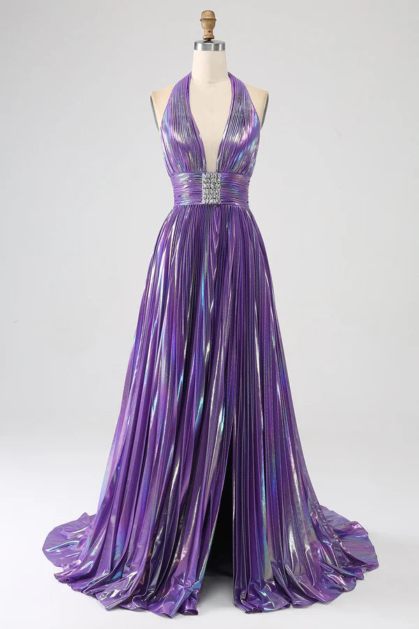 Glitter Purple Pleated Metallic Long Prom Dress with Slit simple gentle atmospheric and unique desi