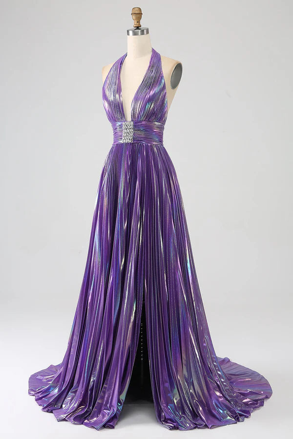 Glitter Purple Pleated Metallic Long Prom Dress with Slit simple gentle atmospheric and unique desi