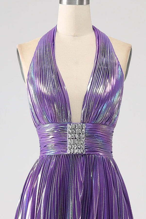 Glitter Purple Pleated Metallic Long Prom Dress with Slit simple gentle atmospheric and unique desi