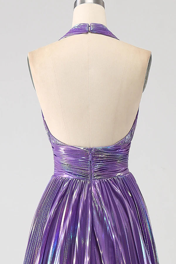 Glitter Purple Pleated Metallic Long Prom Dress with Slit simple gentle atmospheric and unique desi