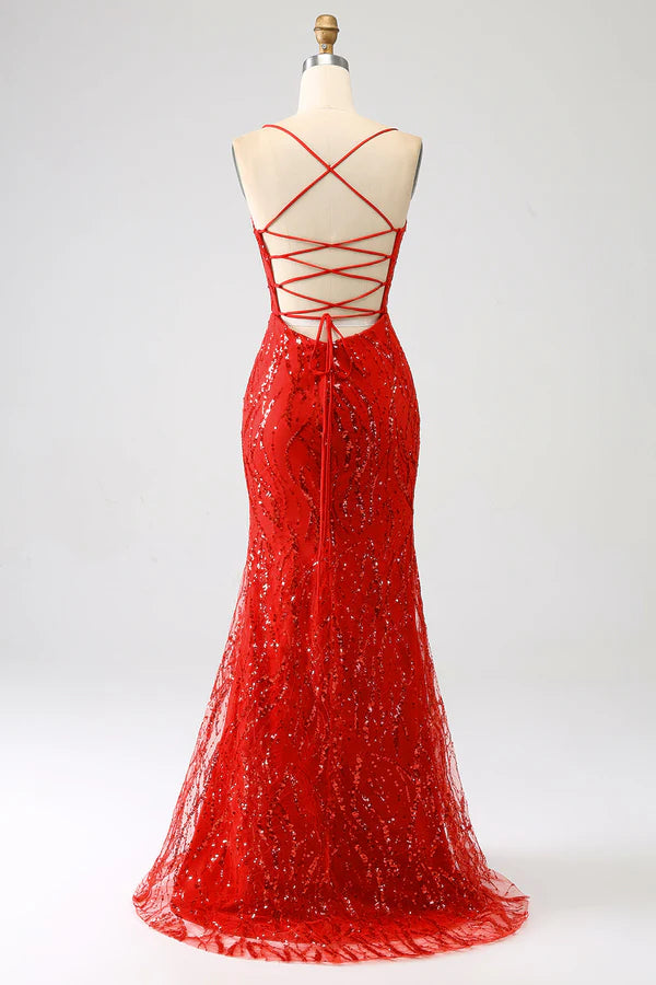 Glitter Red Mermaid Long Sequins Prom Dress with Slit simple gentle atmospheric and unique desi