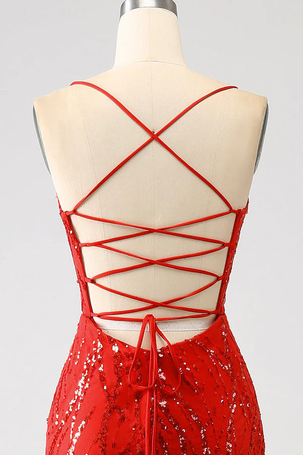 Glitter Red Mermaid Long Sequins Prom Dress with Slit simple gentle atmospheric and unique desi