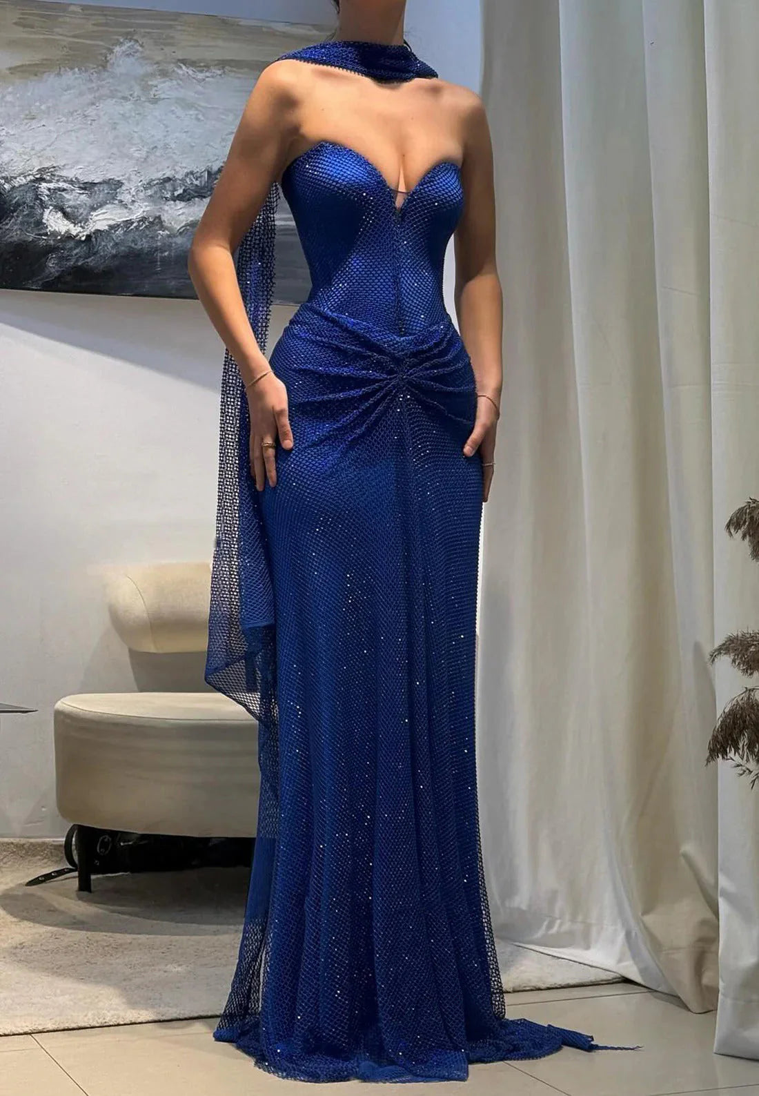 Glitter Royal Blue V-Neck Ruched Prom Dress Long Graduation Gown simple gentle atmospheric and unique desi Bring summer colors to enhance whiteness