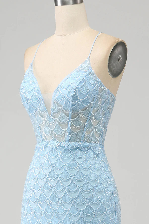 Glitter Sky Blue Spaghetti Straps Mermaid Prom Dress with Slitsimple gentle atmospheric and unique desi