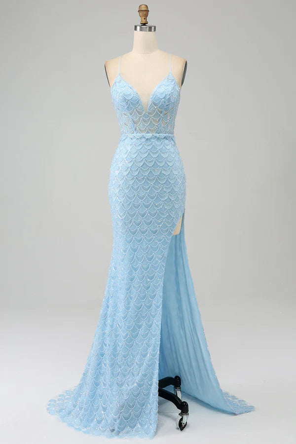 Glitter Sky Blue Spaghetti Straps Mermaid Prom Dress with Slitsimple gentle atmospheric and unique desi