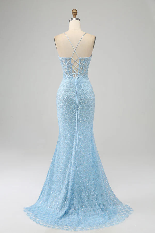 Glitter Sky Blue Spaghetti Straps Mermaid Prom Dress with Slitsimple gentle atmospheric and unique desi