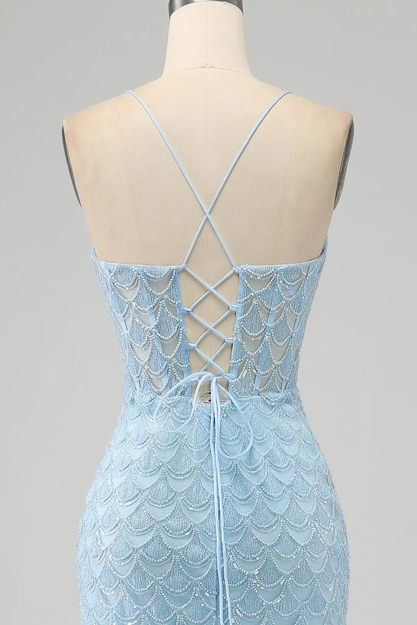 Glitter Sky Blue Spaghetti Straps Mermaid Prom Dress with Slitsimple gentle atmospheric and unique desi