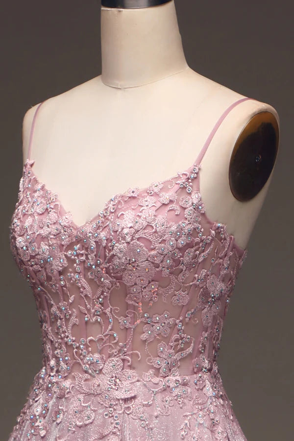 Glitter Spaghetti Straps Blush Prom Dress with Beading Simple gentle atmospheric and unique design