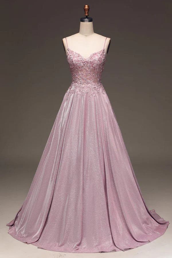 Glitter Spaghetti Straps Blush Prom Dress with Beading Simple gentle atmospheric and unique design