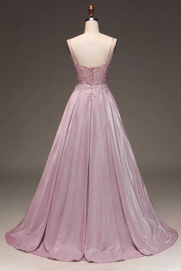 Glitter Spaghetti Straps Blush Prom Dress with Beading Simple gentle atmospheric and unique design