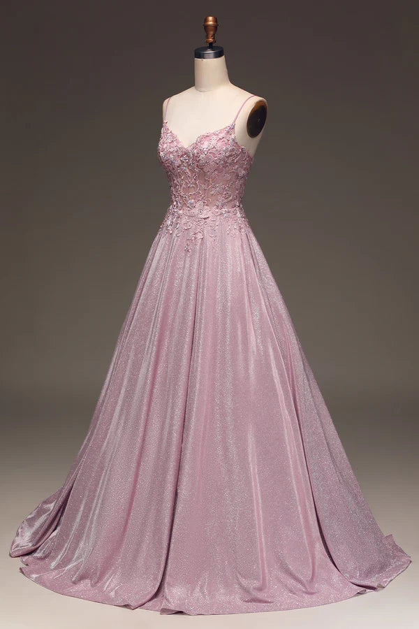 Glitter Spaghetti Straps Blush Prom Dress with Beading Simple gentle atmospheric and unique design
