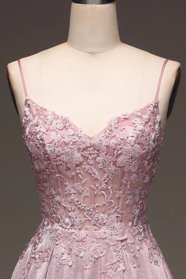 Glitter Spaghetti Straps Blush Prom Dress with Beading Simple gentle atmospheric and unique design