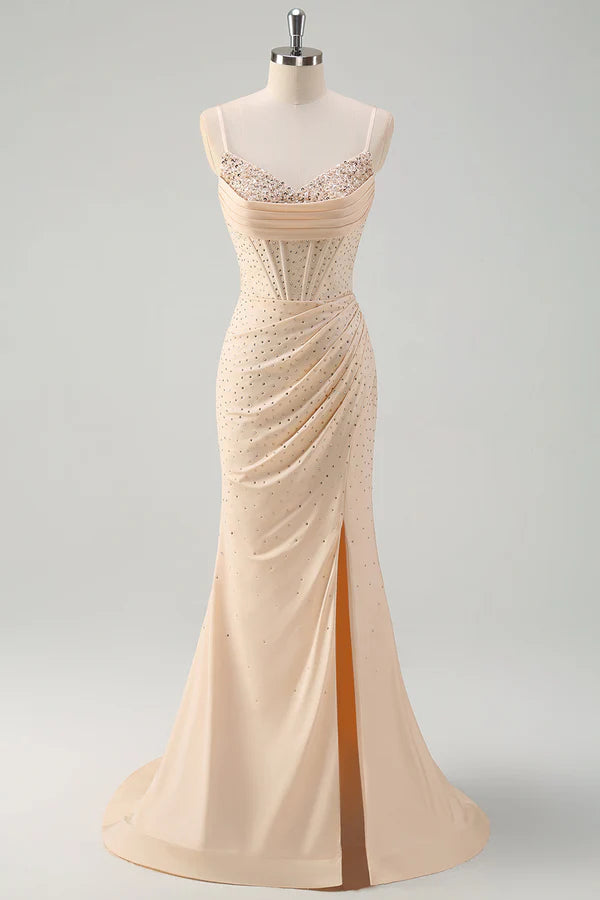 Glitter Yellow Mermaid Spaghetti Straps Beaded Long Corset Prom Dress with Slit simple gentle atmospheric and unique desi