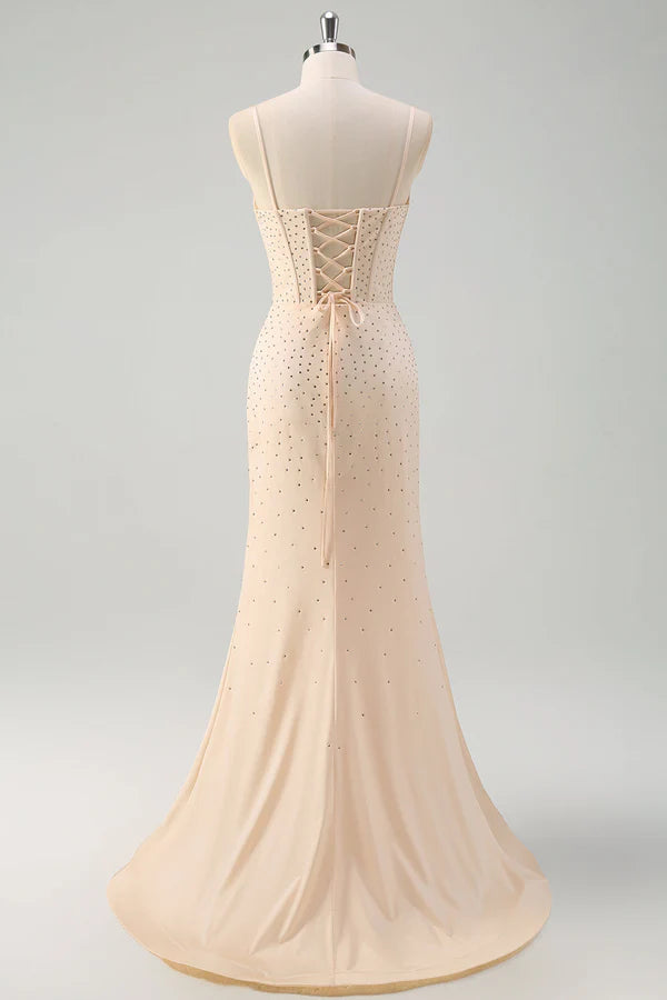 Glitter Yellow Mermaid Spaghetti Straps Beaded Long Corset Prom Dress with Slit simple gentle atmospheric and unique desi