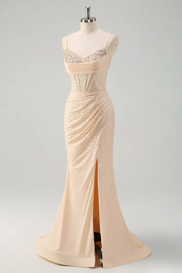 Glitter Yellow Mermaid Spaghetti Straps Beaded Long Corset Prom Dress with Slit simple gentle atmospheric and unique desi