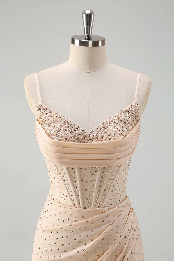 Glitter Yellow Mermaid Spaghetti Straps Beaded Long Corset Prom Dress with Slit simple gentle atmospheric and unique desi