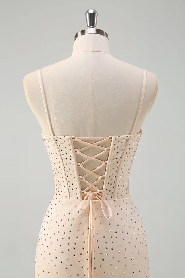 Glitter Yellow Mermaid Spaghetti Straps Beaded Long Corset Prom Dress with Slit simple gentle atmospheric and unique desi