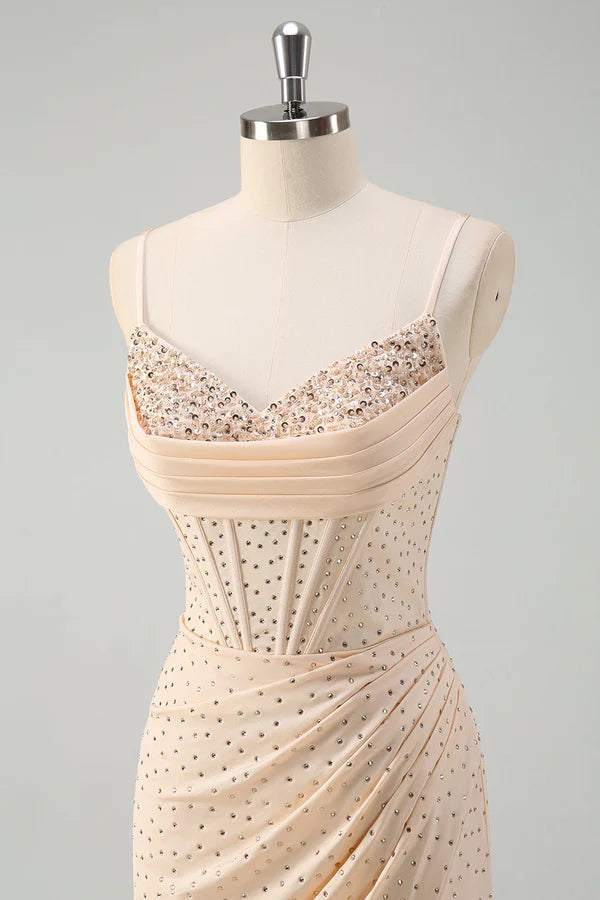 Glitter Yellow Mermaid Spaghetti Straps Beaded Long Corset Prom Dress with Slit simple gentle atmospheric and unique desi