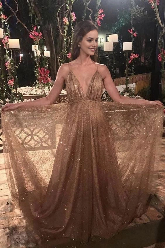 Gold Glitter Spaghetti Strap Deep V-Neck Maxi Dress long gold sequin evening dress tulle backless prom dresses luxury Party Dresses