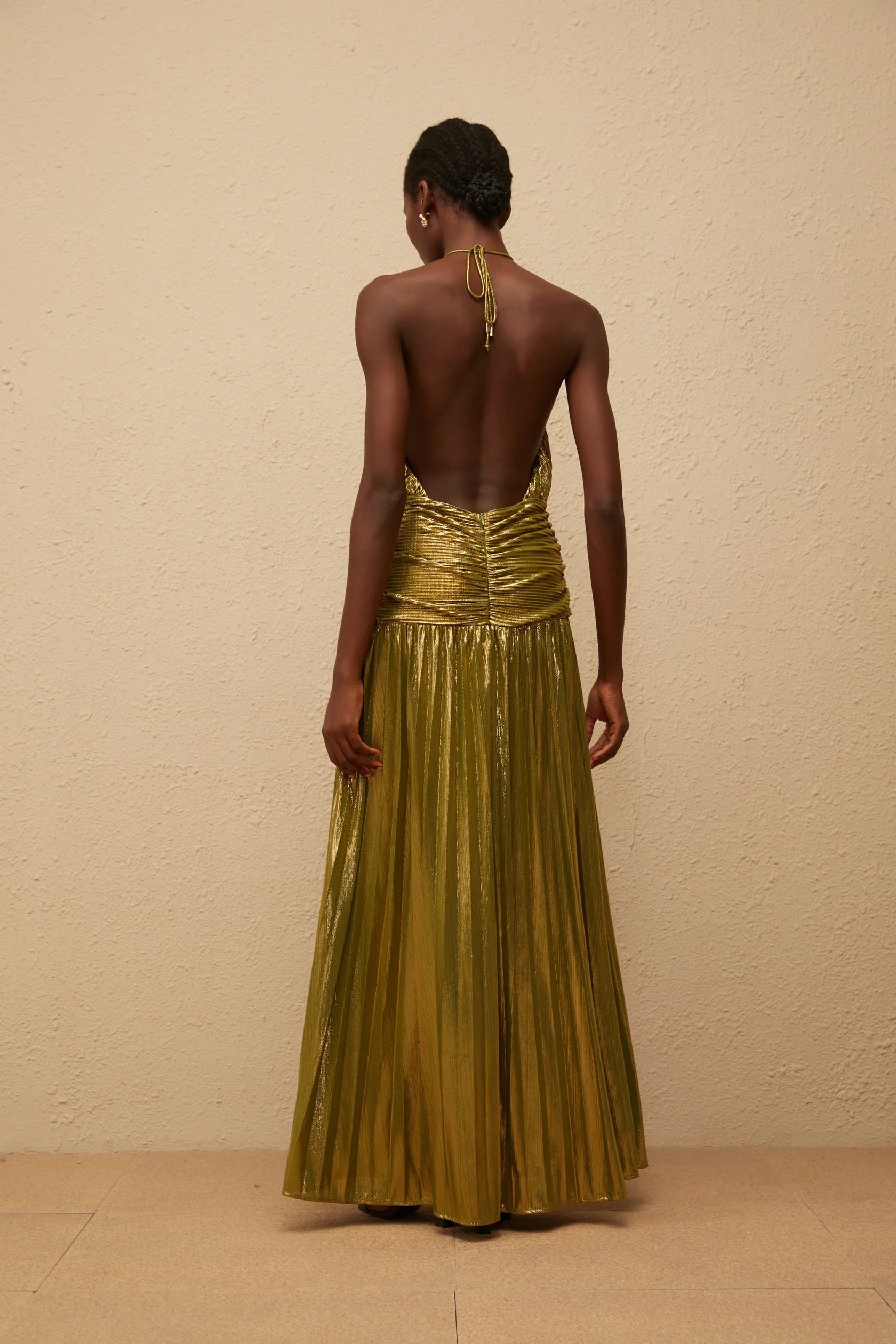 Gold Metallic Halter Neck Open - Back Maxi Dress Green Glossy Pleated Maxi Dress Evening Dress