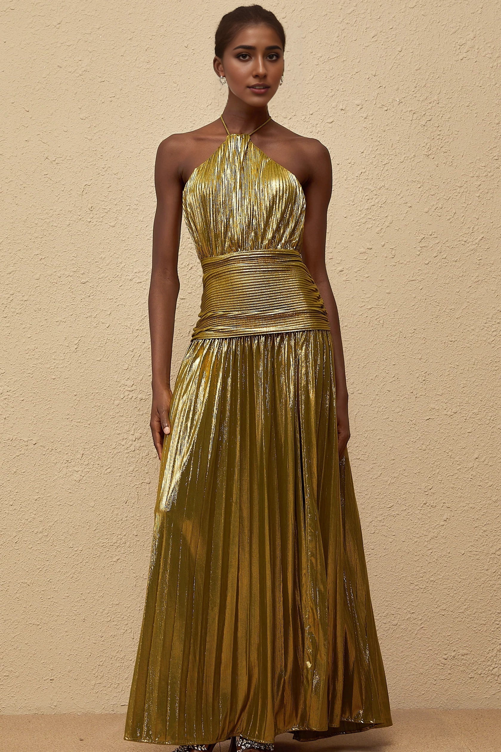 Gold Metallic Halter Neck Open - Back Maxi Dress Green Glossy Pleated Maxi Dress Evening Dress