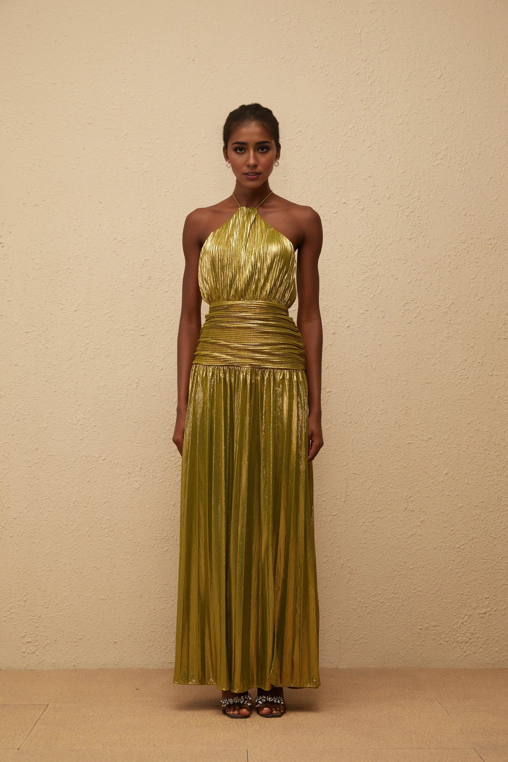 Gold Metallic Halter Neck Open - Back Maxi Dress Green Glossy Pleated Maxi Dress Evening Dress