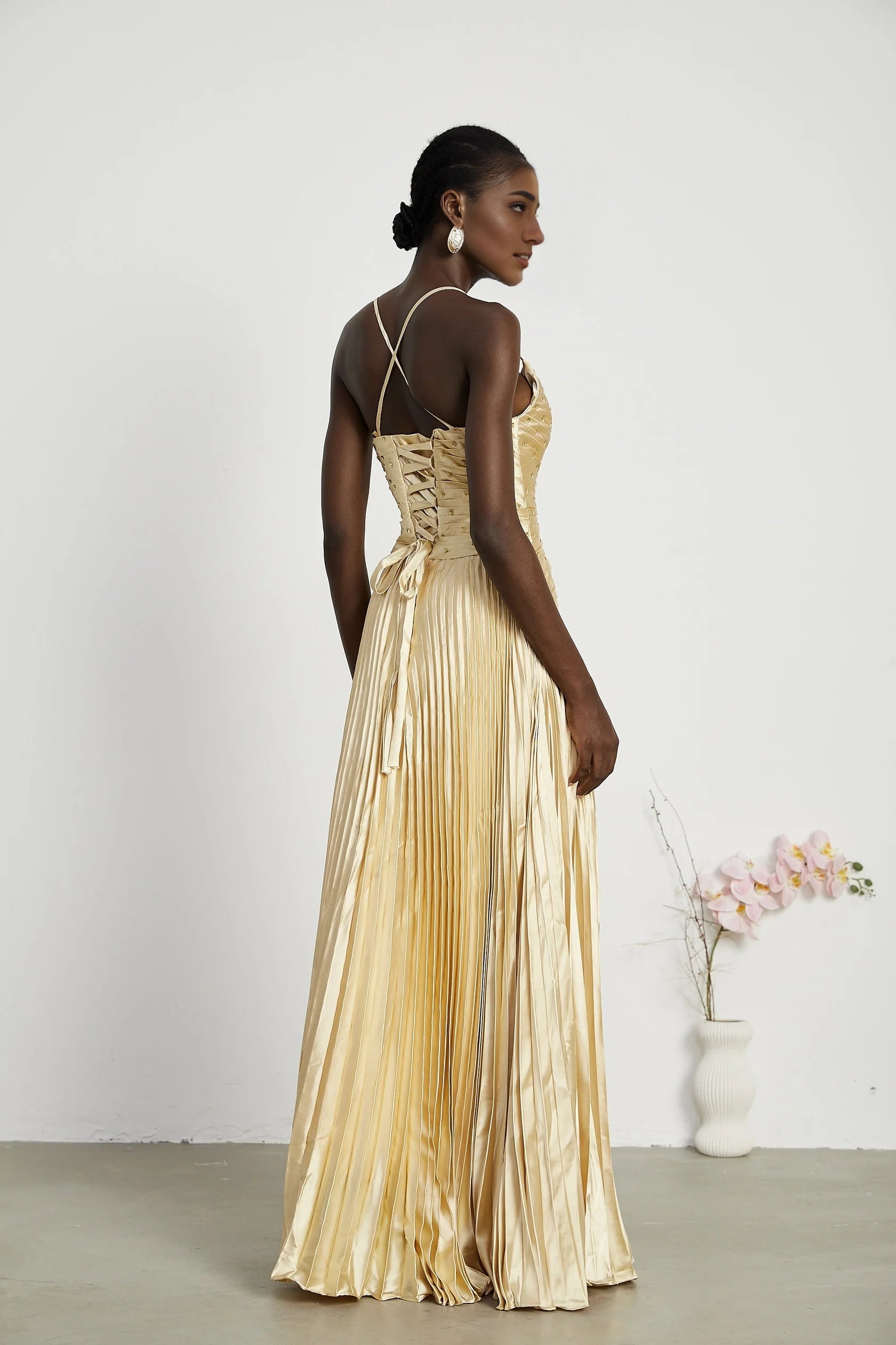 Gold Satin Pleated Embellished Maxi Dress Eline pleated maxi dress Evening Dress