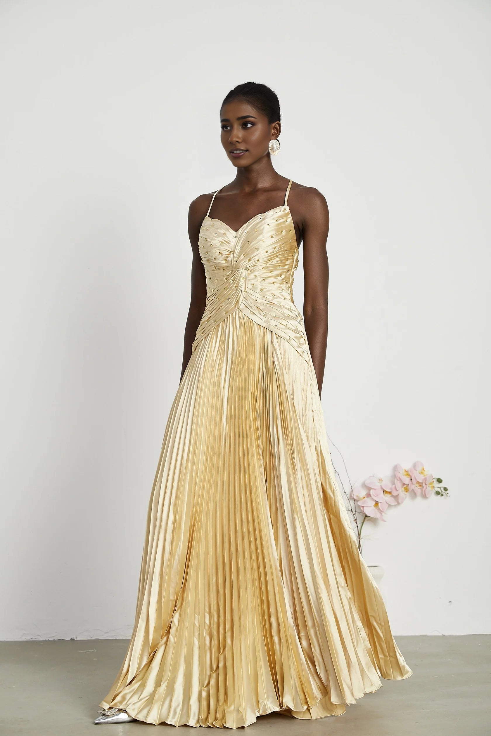 Gold Satin Pleated Embellished Maxi Dress Eline pleated maxi dress Evening Dress