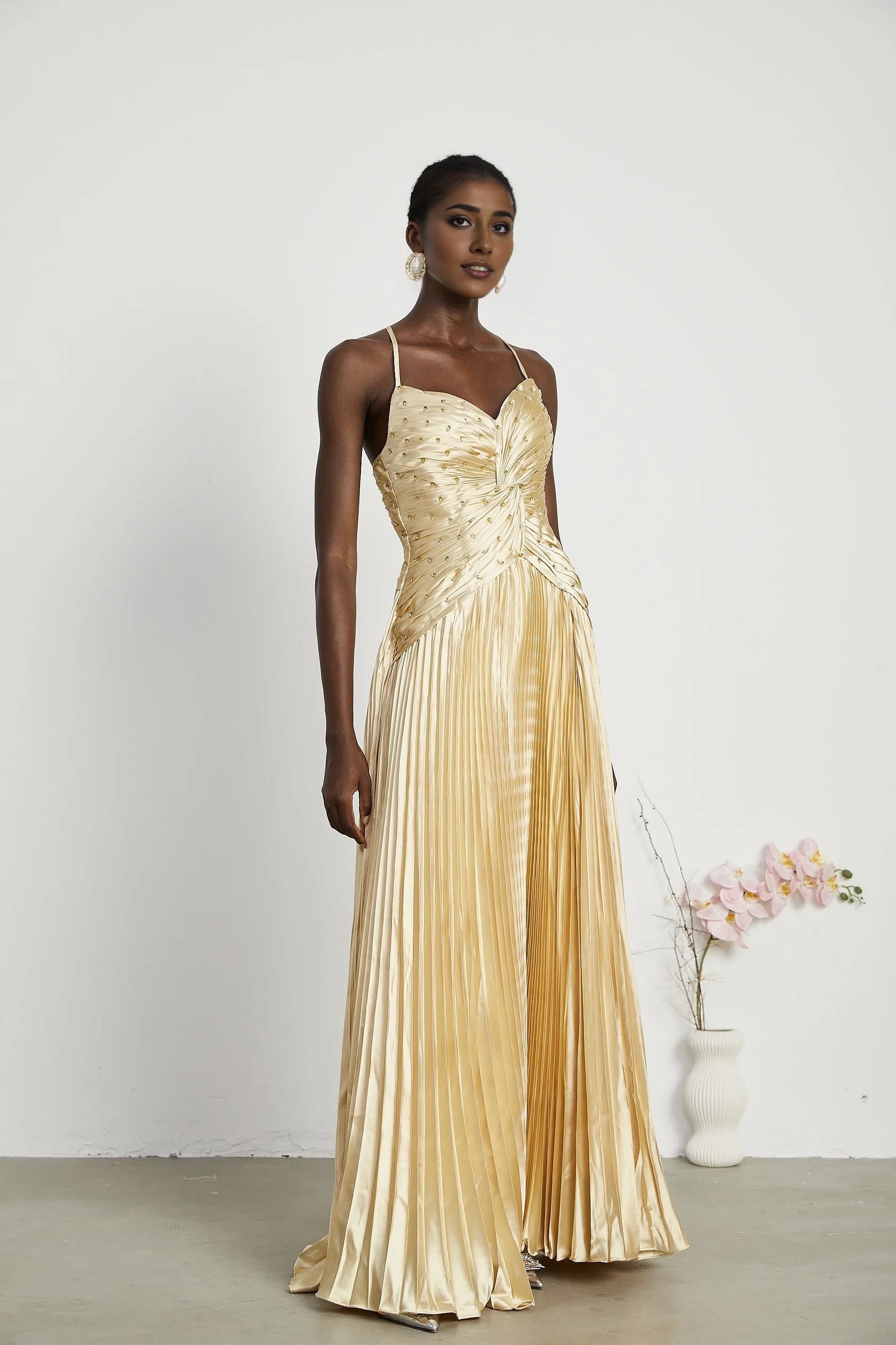 Gold Satin Pleated Embellished Maxi Dress Eline pleated maxi dress Evening Dress